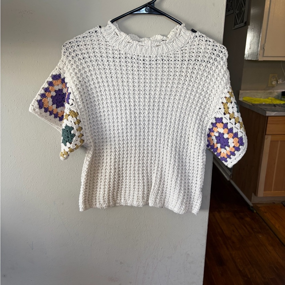 Universal Thread White Crochet Blouse with Multicolor Accents